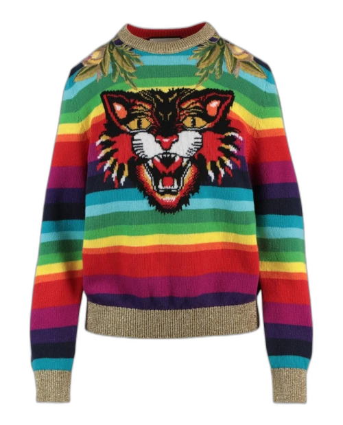 Gucci Multicolor Cat Jacquard Sweater Gold Multi