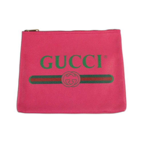 Gucci Pink Leather Print Logo Medium Pouch Clutch Bag 'Pink'