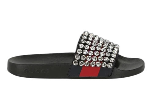 Gucci Crystal-Embellished Web Slide Black Blue Red (Women's)