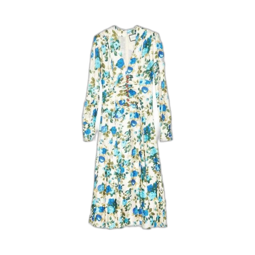 Gucci Floral Print Silk Twill Midi Dress 'Blue/Ivory'
