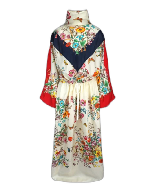 Gucci Flora Printed Foulard Silk Dress White Hibiscus Red Amethyst