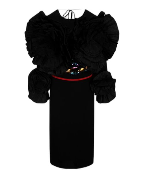 Gucci Pleated Flower Long Sleeve Dress Black