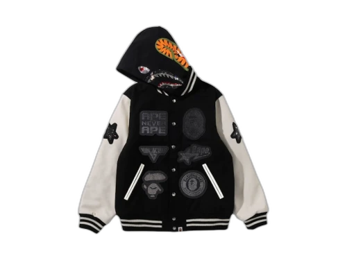 BAPE x Swarovski Shark Hooded Varsity Jacket Black/White