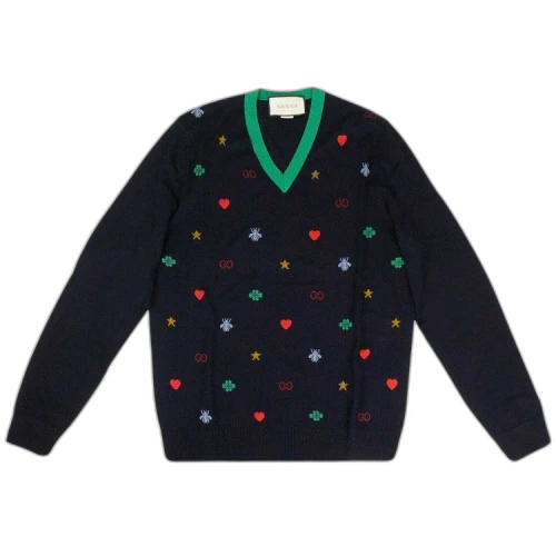 Gucci Wool Logo Print V-Neck Sweater Top 'Navy'
