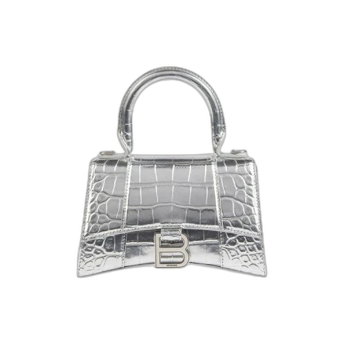 Balenciaga Crocodile Embossed XS Hourglass Handbag In Silver