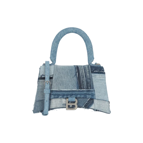 Balenciaga Hourglass Denim Patchwork Top Handle Washed Blue