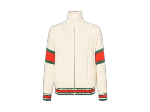 Gucci Cable Knit Bomber Jacket Beige Red White