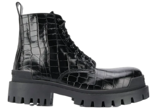 Balenciaga Strike 20mm Croc Embossed Lace Up Boot Black