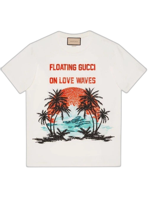 Gucci Sequinned Slogan-Print T-Shirt White