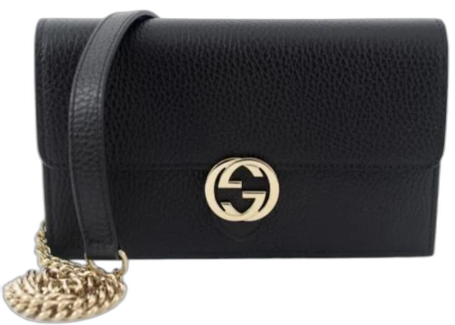 Gucci Interlocking Chain Wallet Pebbled Leather Black