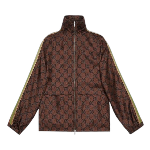 Gucci GG Supreme Print Silk Zip-Up Jacket 'Brown/Black'