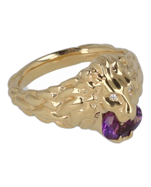 Gucci Diamond Amethyst Lion Head Ring Gold
