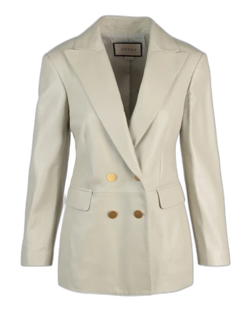 Gucci Double Breasted Leather Blazer Cream