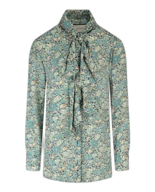 Gucci Floral Print Tie Neck Long Sleeve Blouse Blue
