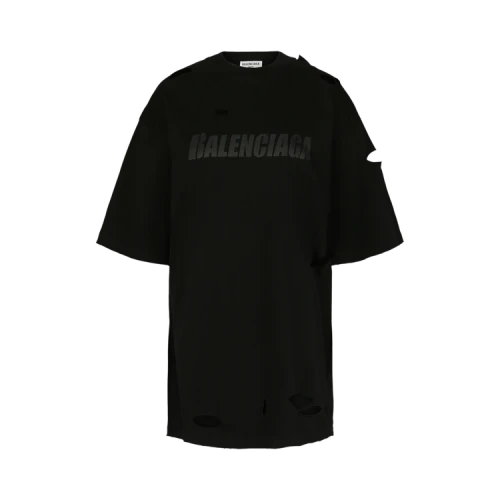 Balenciaga Women's Caps Destroyed Boxy Fit T-Shirt Black/Anthracite
