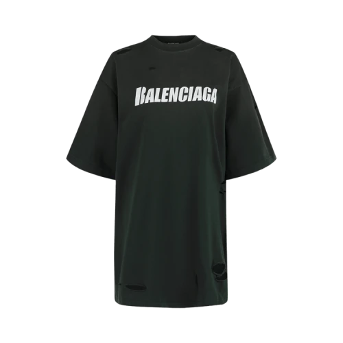 Balenciaga Women's Caps Destroyed Boxy Fit T-Shirt Dark/Green/White