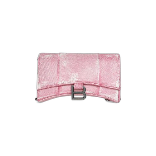 Balenciaga Denim Print Hourglass Wallet On A Chain Pink