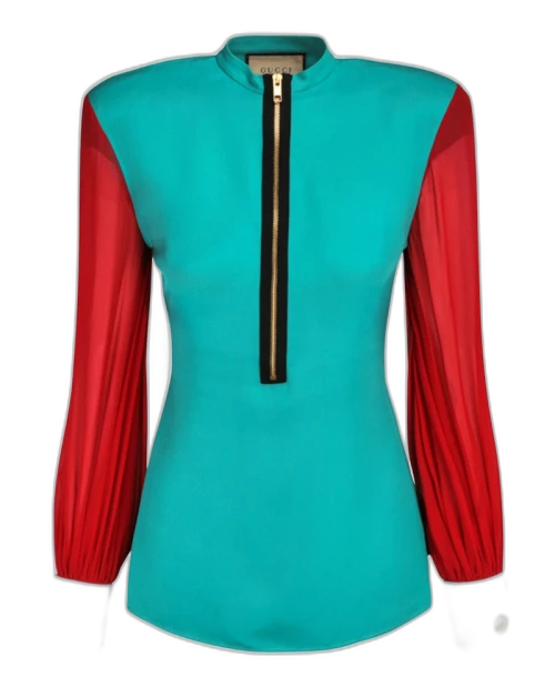 Gucci Silk Collared Long Sleeve Blouse Blue