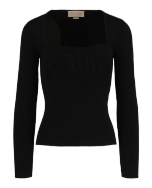 Gucci Sweetheart Neck Ribbed Knit Sweater Black