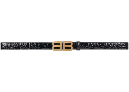Balenciaga BB Hourglass Crocodile Embossed Thin Belt Black