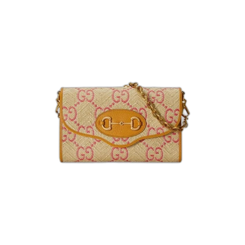 Gucci Horsebit 1955 Raffia Effect Small Bag 'Natural/Bright Hibiscus'