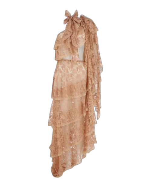 Gucci One Shoulder Tiered Lace Dress Beige