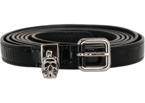 Alexander McQueen Skull Croc Embossed Double Belt Silver-tone Black