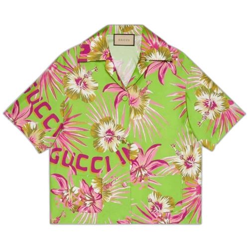 Gucci Printed Silk Bowling Shirt Green/Pink