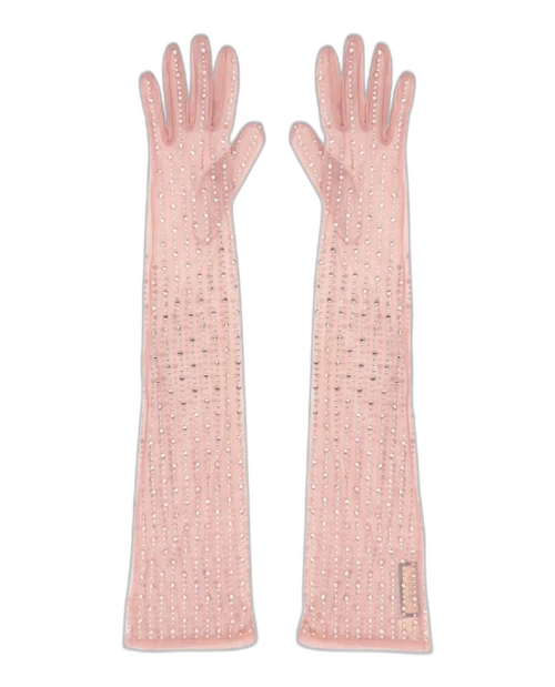 Gucci Long Crystal Embellished Mesh Gloves Cream