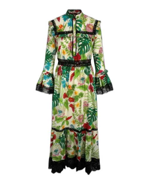 Gucci Floral-Print Lace-Trim Muslin Dress Multi