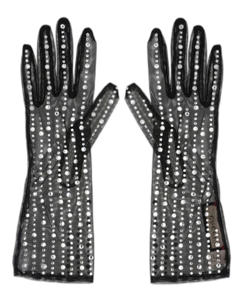 Gucci Crystal Embellished Mesh Gloves Black