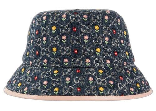 Gucci Embroidered Flower Denim Bucket Hat Blue Multi