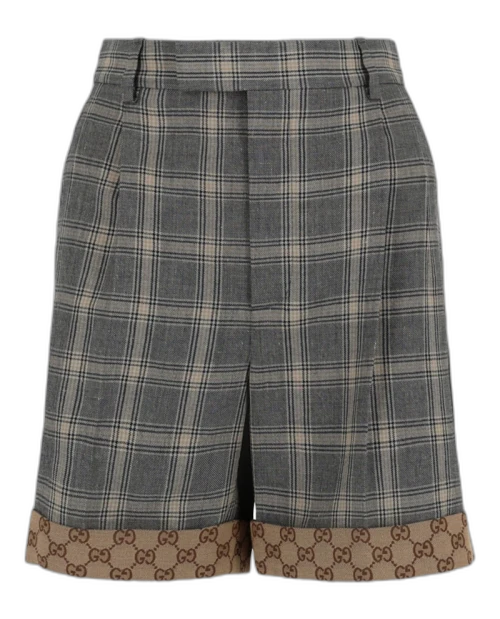 Gucci Plaid Printed Linen and Wool Shorts Grey