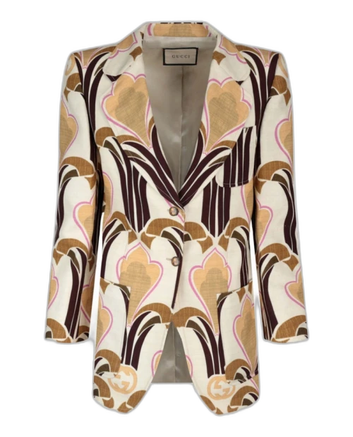 Gucci Single-Breasted Printed Blazer Beige/White