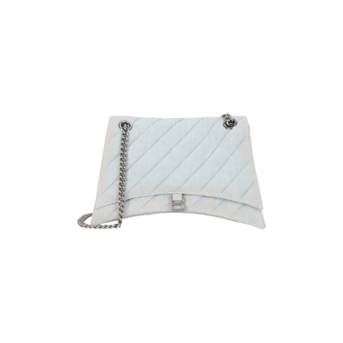 Balenciaga Crush Medium Quilted Denim Chain Shoulder Bag Pale Blue