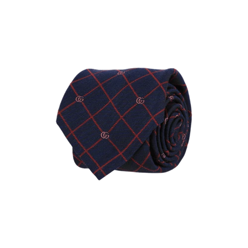 Gucci Double G and Check Silk Jacquard Tie Blue Red