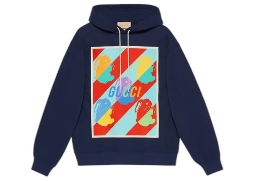 Gucci Lunar New Year Bunny Print Hooded Sweatshirt Navy