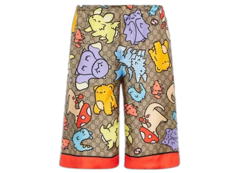 Gucci GG Print Silk Twill Shorts Beige Multi