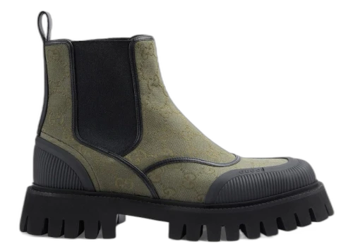 Gucci GG Jacquard Canvas Ankle Boots Olive Black