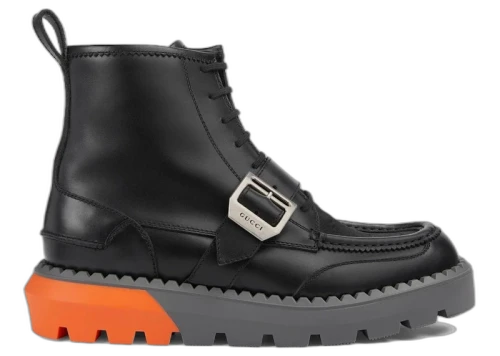 Gucci Lace Up Boot Buckle Black Orange