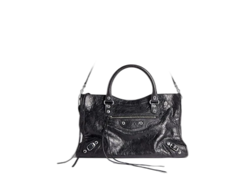 Balenciaga Le City Medium Bag In Black Arena Lambskin Shiny Silver Hardware Black (7977862AA9S1000)