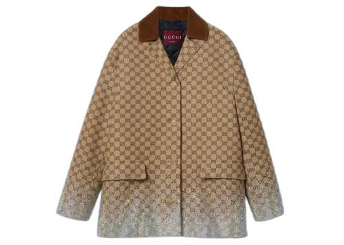Gucci Crystals Embroidered GG Canvas Coat Beige/Dark Brown