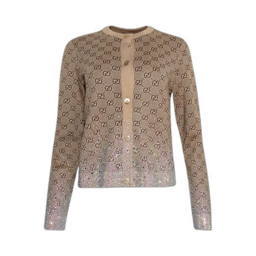 Gucci Crystals Embroidered Wool GG Jacquard Cardigan 'Camel'