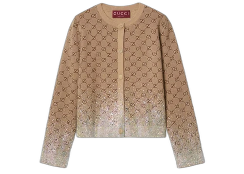 Gucci Crystals Embroidered Wool GG Jacquard Cardigan Beige/Dark Brown