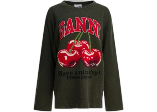 Ganni Wool-Blend Crewneck Sweater Green