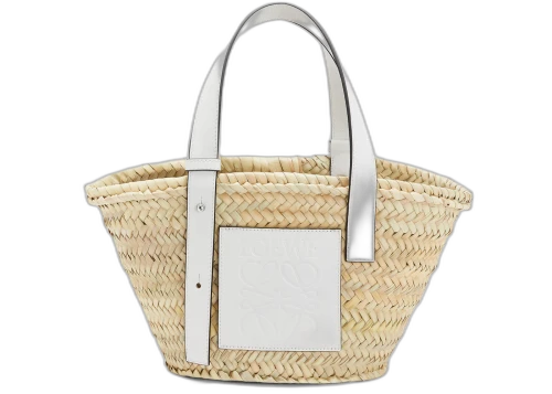 LOEWE Basket Bag in Palm Leaf and Calfskin Small Natural/White