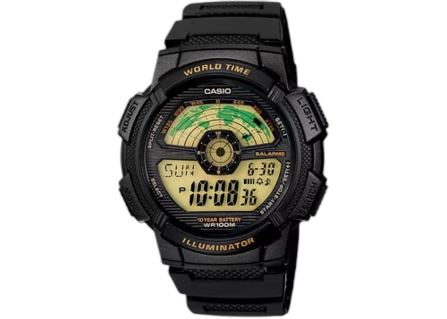 Casio Men’s Black Digital World Time Watch with Gold-Tone Display AE-1100W-1BV