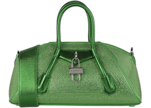 Givenchy Mini Antigona Stretch Top Handle Bag In Satin With Strass Absynthe Green