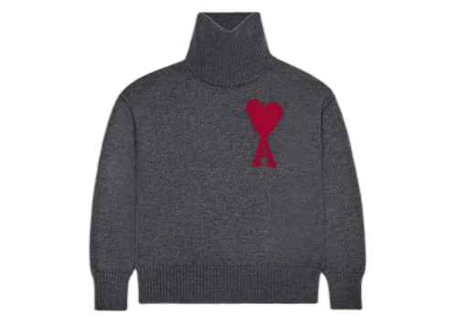 Ami Paris Red Ami De Coeur Sweater Heather Grey/Red