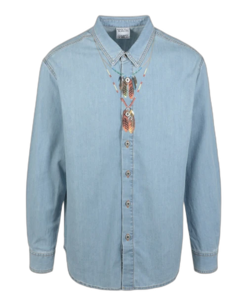 Marcelo Burlon Feather Necklace Denim Shirt Blue